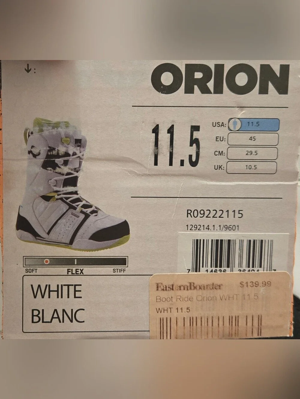 Orion Ride White/Green Snowboarding Boots Size 11.5